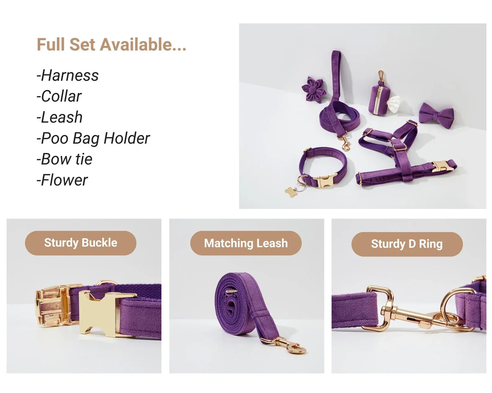 D&D Paws  Velvet Purple Dog Collar, Harness & Leash Set – Modern Luxe Personalized