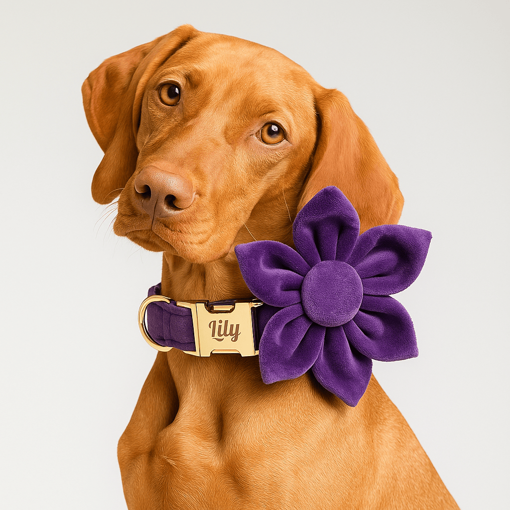 D&D Paws  Velvet Purple Dog Collar, Harness & Leash Set – Modern Luxe Personalized