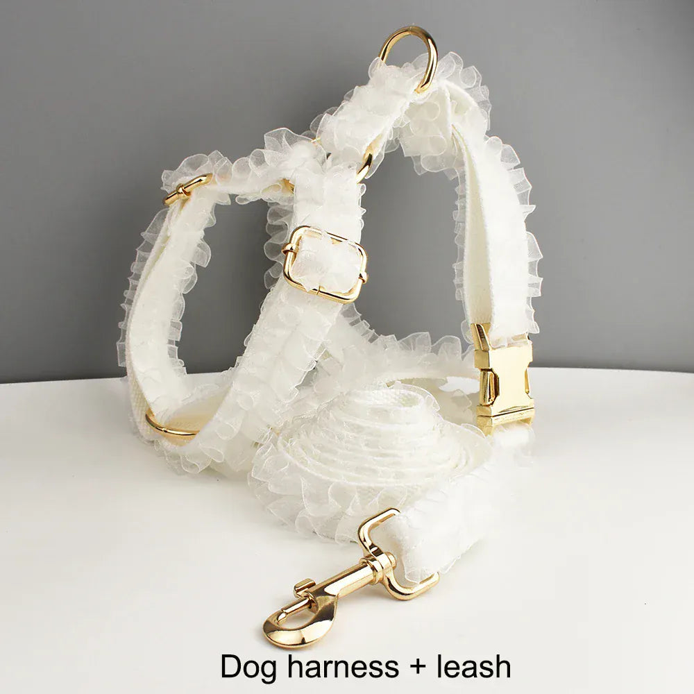 D&D Paws  Wedding White Lace Dog Collar, Harness & Leash Set – Modern Luxe Personalized