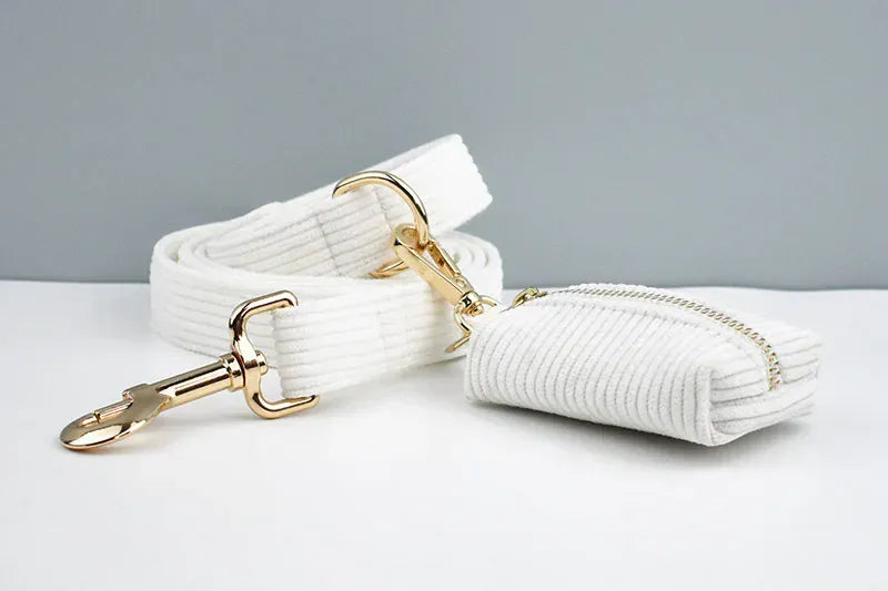 D&D Paws  White Corduroy Dog Harness, Collar & Leash Set – Classic Elegance Collection