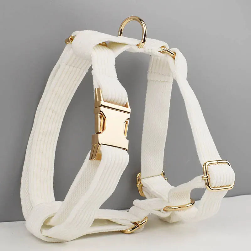 D&D Paws  White Corduroy Dog Harness, Collar & Leash Set – Classic Elegance Collection