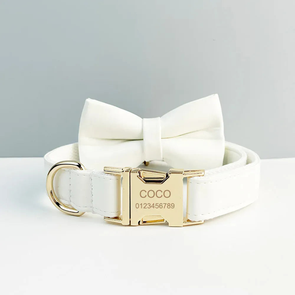 D&D Paws  White Leather Dog Collar, Harness & Leash Set – Classic Elegance Personalized