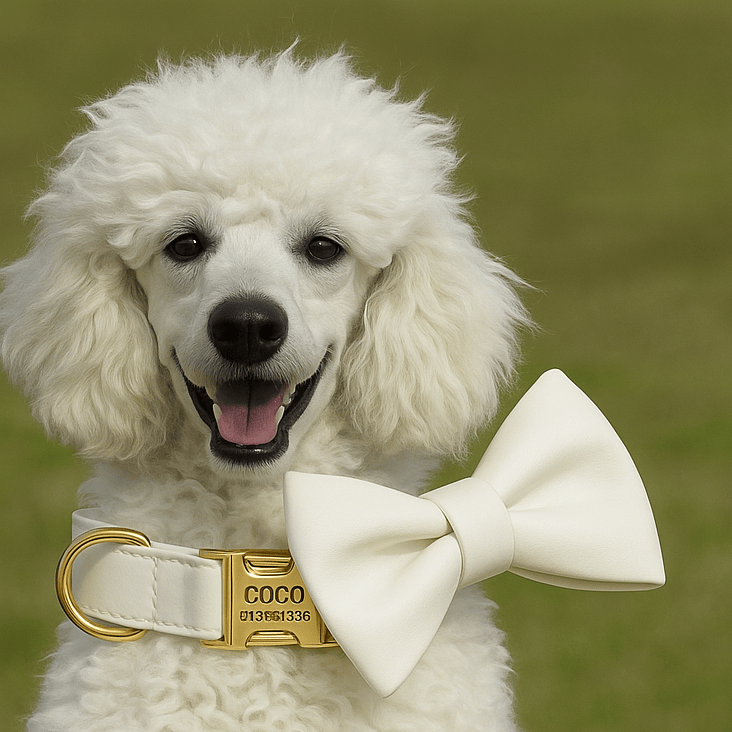 D&D Paws  White Leather Dog Collar, Harness & Leash Set – Classic Elegance Personalized