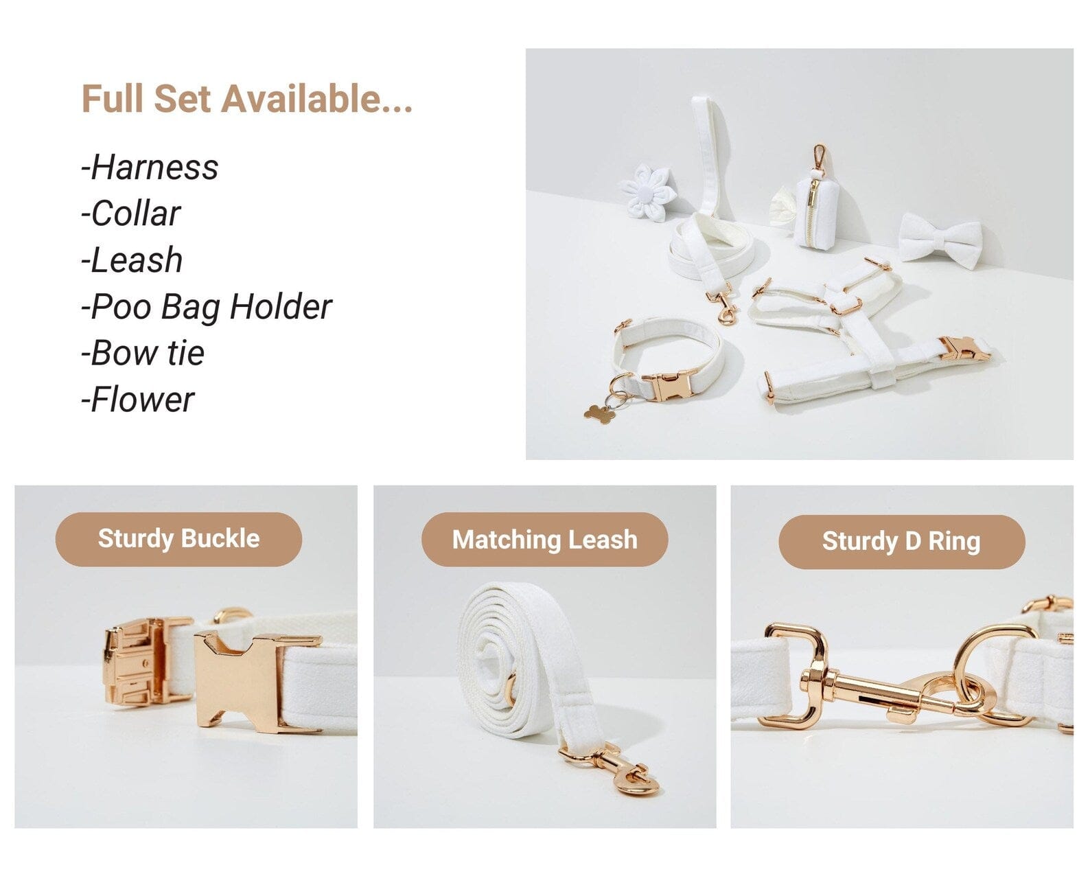 D&D Paws  White Wedding Velvet Dog Collar, Harness & Leash Set – Classic Elegance