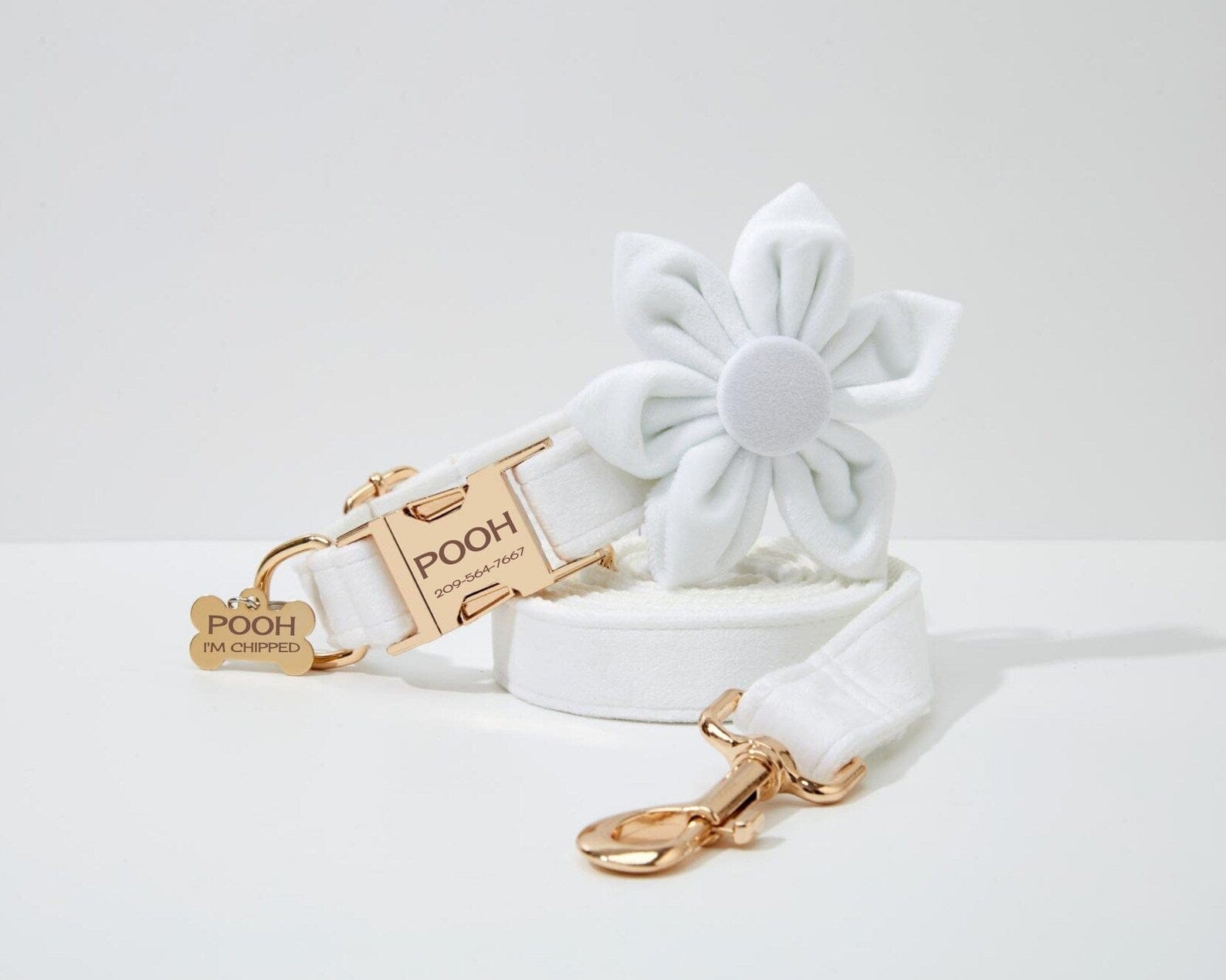 D&D Paws  White Wedding Velvet Dog Collar, Harness & Leash Set – Classic Elegance