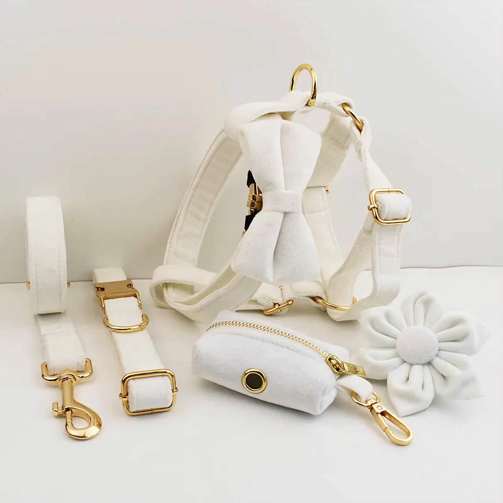 D&D Paws  White Wedding Velvet Dog Collar, Harness & Leash Set – Classic Elegance