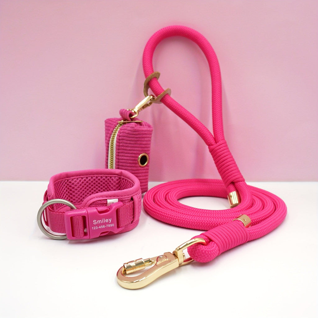 Personalized Light Weight Corduroy Dog Collar Rope Leash Set