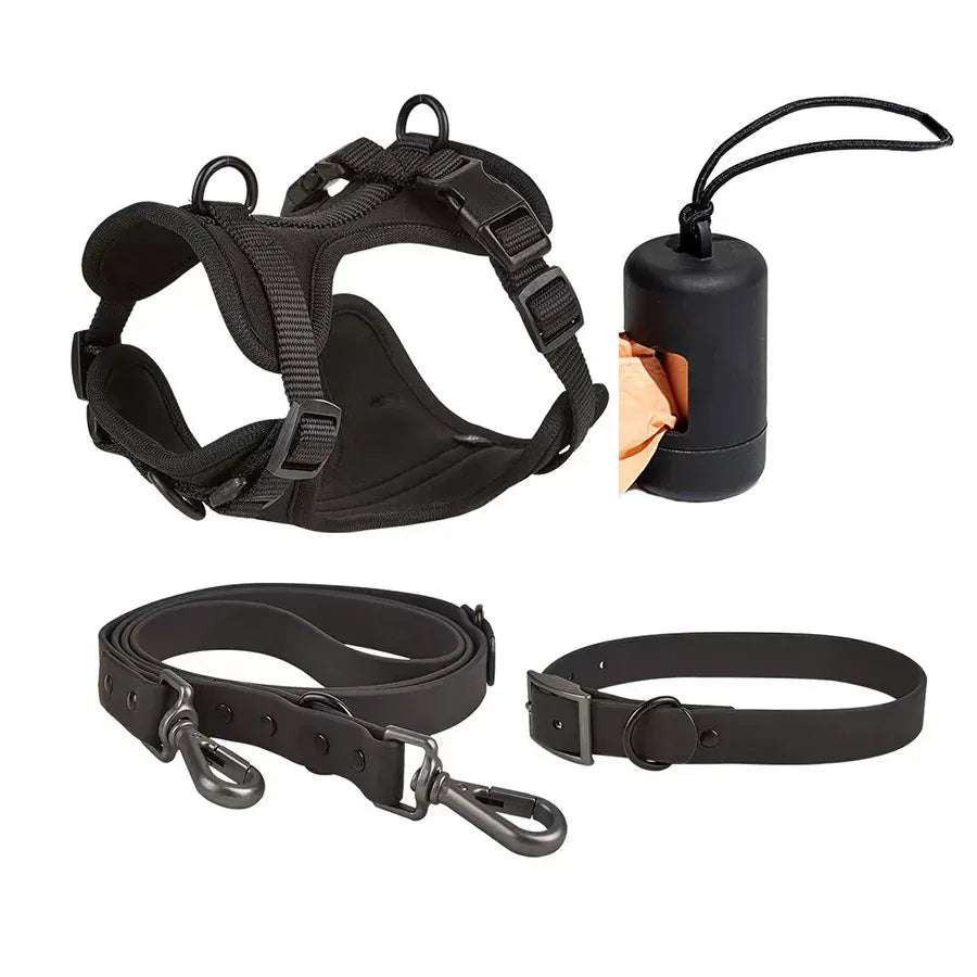 DDPaws  Black 4 Pieces / XS 4-Piece Set Dog Harness Dog Leash Dog Collar Adjustable Waterproof Easy To Clean Dog Vest Harness With Dog Poop Bag Holder