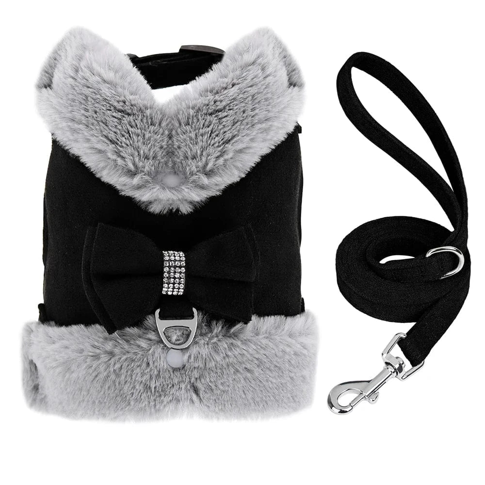 DDPaws  black / M Warm Fur Puppy Dog Harness Leash Cute Bowknot Dogs Cat Harnesses Padded Pet Vest With Matching Lead Rope For Dogs Cats Winter