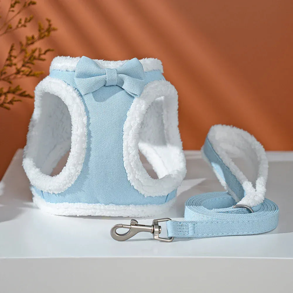 DDPaws  Blue / M Cute Bowknot Dog Harness Leash Warm Winter Dog Harnesses Soft Fur Pet Vest With Walking Rope Adjustable for Small Medium Dogs