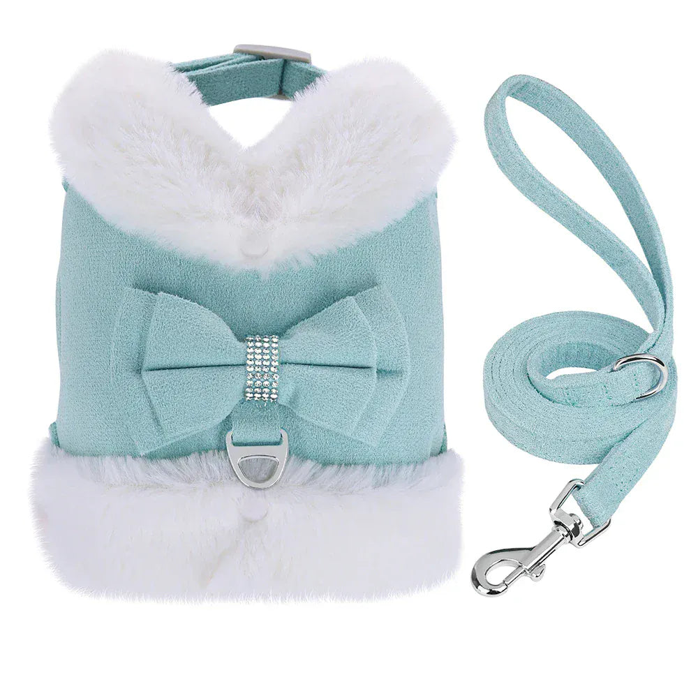 DDPaws  Blue / XS（old） Warm Fur Puppy Dog Harness Leash Cute Bowknot Dogs Cat Harnesses Padded Pet Vest With Matching Lead Rope For Dogs Cats Winter