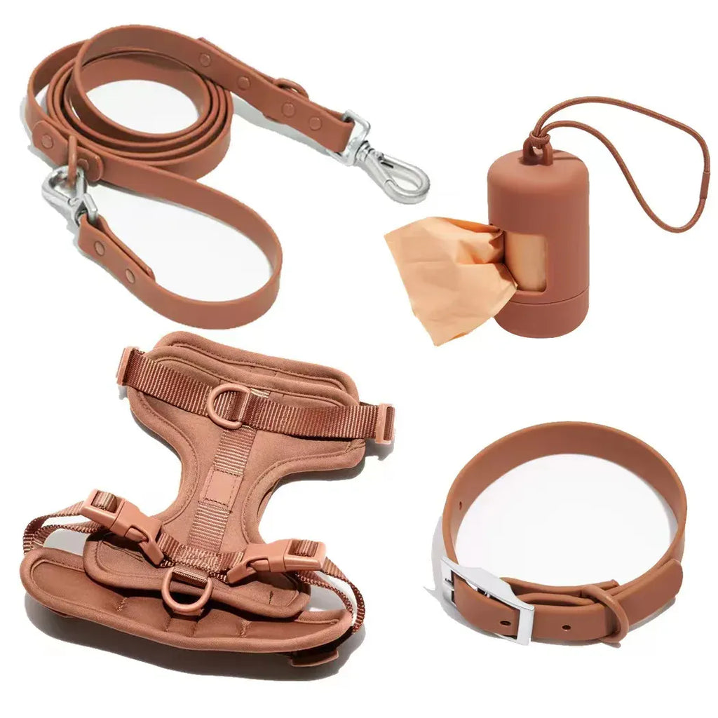 DDPaws  Brown 4 Pieces / XS 4-Piece Set Dog Harness Dog Leash Dog Collar Adjustable Waterproof Easy To Clean Dog Vest Harness With Dog Poop Bag Holder