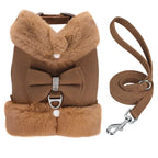 DDPaws  Brown / M Warm Fur Puppy Dog Harness Leash Cute Bowknot Dogs Cat Harnesses Padded Pet Vest With Matching Lead Rope For Dogs Cats Winter