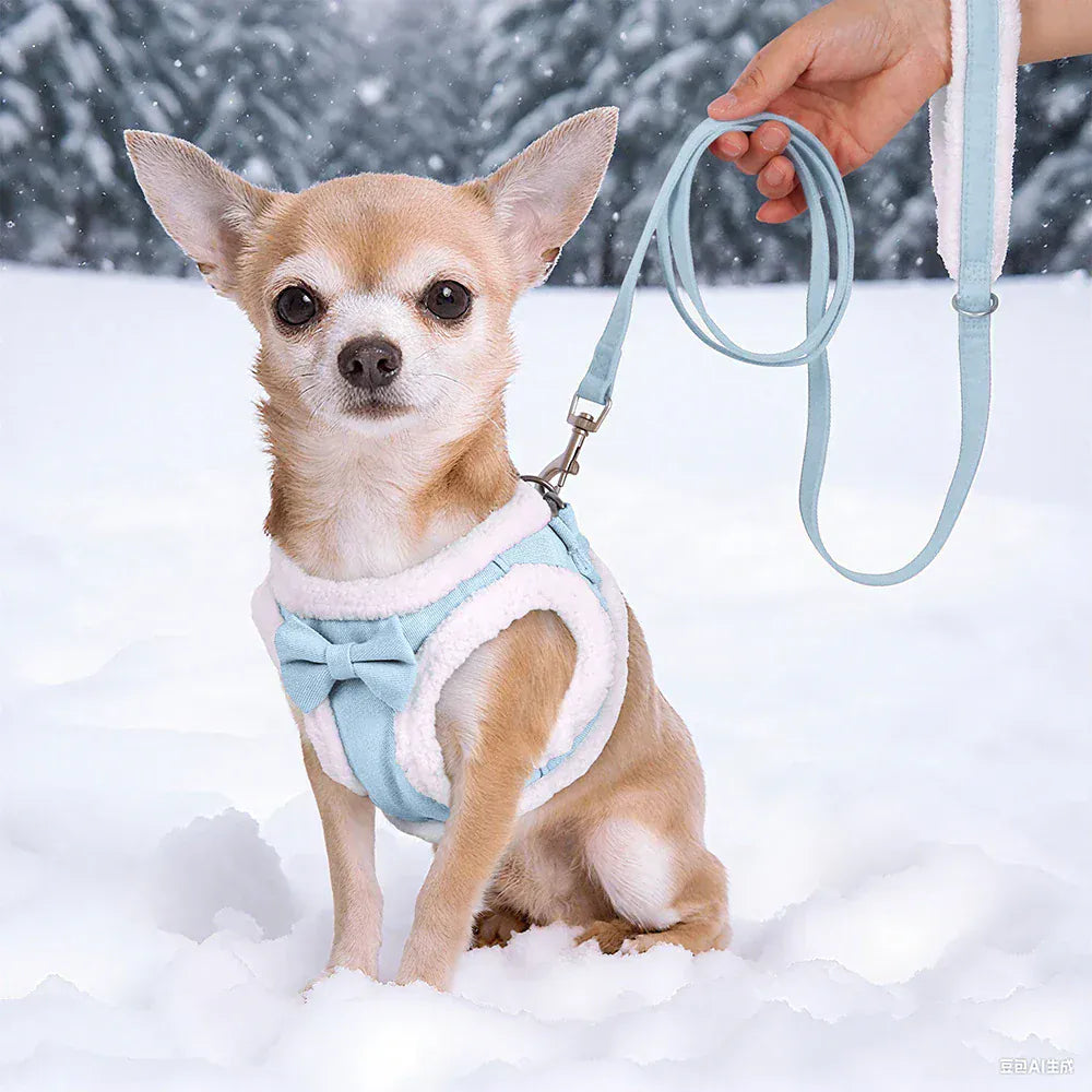 DDPaws  Cute Bowknot Dog Harness Leash Warm Winter Dog Harnesses Soft Fur Pet Vest With Walking Rope Adjustable for Small Medium Dogs