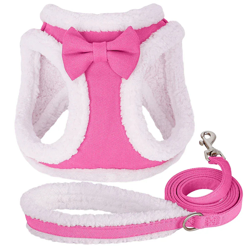 DDPaws  Cute Bowknot Dog Harness Leash Warm Winter Dog Harnesses Soft Fur Pet Vest With Walking Rope Adjustable for Small Medium Dogs