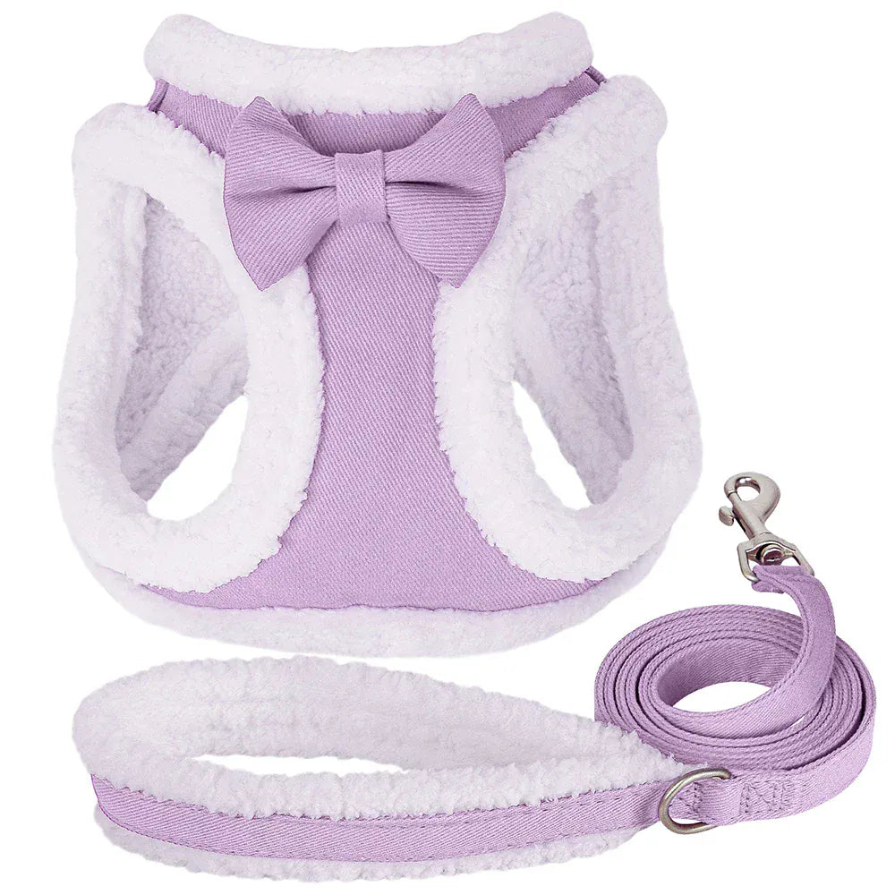 DDPaws  Cute Bowknot Dog Harness Leash Warm Winter Dog Harnesses Soft Fur Pet Vest With Walking Rope Adjustable for Small Medium Dogs