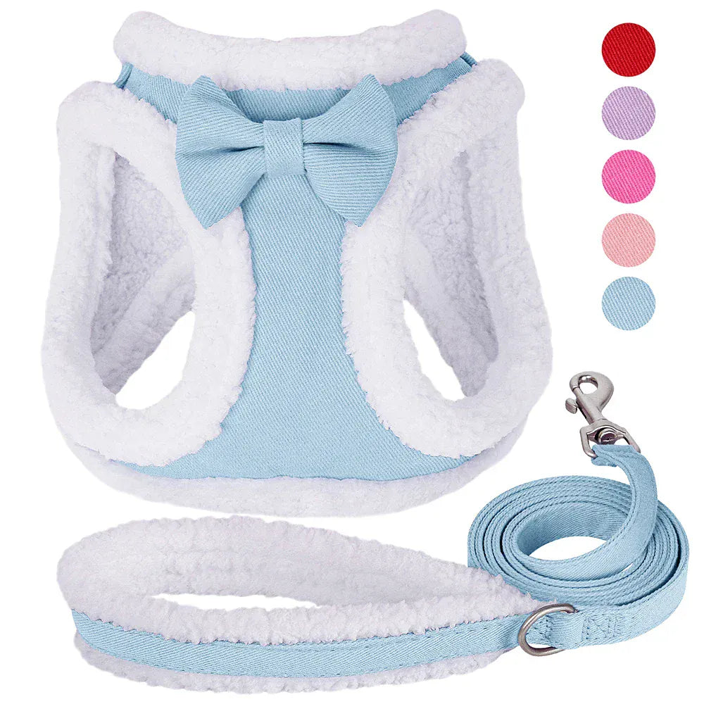 DDPaws  Cute Bowknot Dog Harness Leash Warm Winter Dog Harnesses Soft Fur Pet Vest With Walking Rope Adjustable for Small Medium Dogs