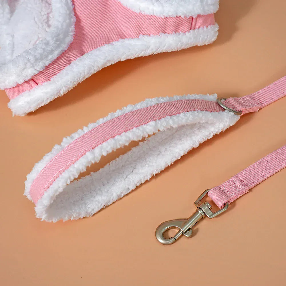 DDPaws  Cute Bowknot Dog Harness Leash Warm Winter Dog Harnesses Soft Fur Pet Vest With Walking Rope Adjustable for Small Medium Dogs