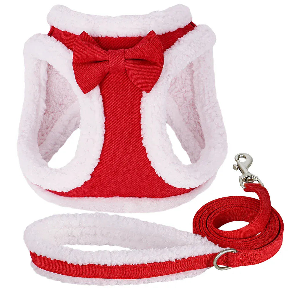 DDPaws  Cute Bowknot Dog Harness Leash Warm Winter Dog Harnesses Soft Fur Pet Vest With Walking Rope Adjustable for Small Medium Dogs