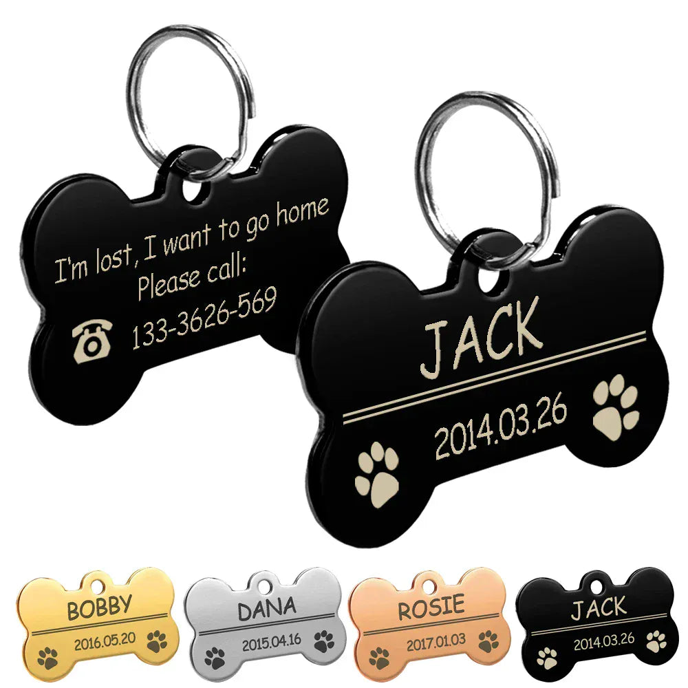 DDPaws  Personalized Dog Tags Engraved Cat Puppy Pet ID Name Collar Tag Pendant Pet Accessories Bone/Paw Glitter