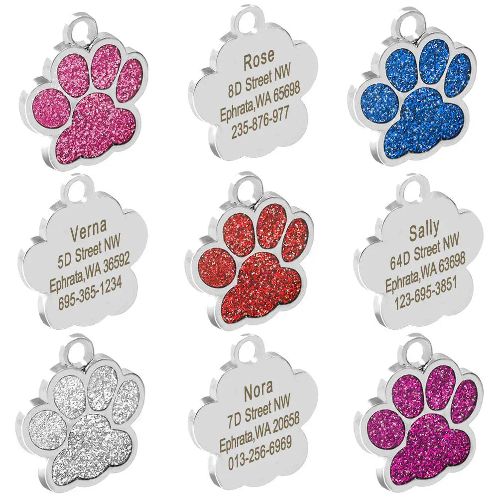 DDPaws  Personalized Dog Tags Engraved Cat Puppy Pet ID Name Collar Tag Pendant Pet Accessories Bone/Paw Glitter