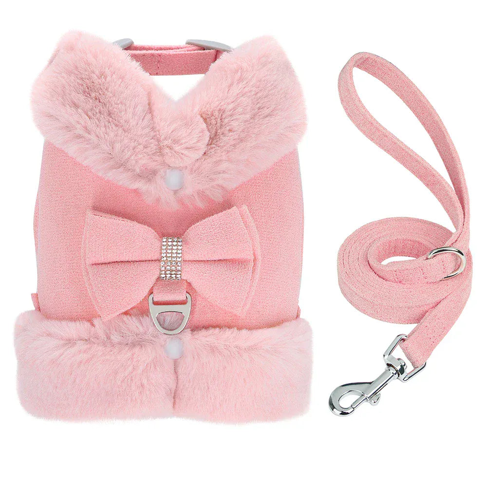 DDPaws  Pink / M Warm Fur Puppy Dog Harness Leash Cute Bowknot Dogs Cat Harnesses Padded Pet Vest With Matching Lead Rope For Dogs Cats Winter