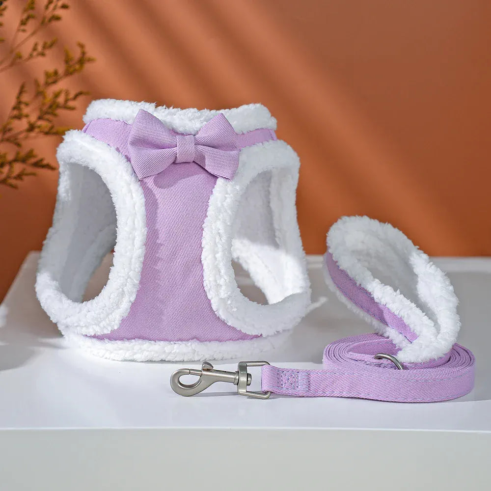 DDPaws  Purple / XS（old） Cute Bowknot Dog Harness Leash Warm Winter Dog Harnesses Soft Fur Pet Vest With Walking Rope Adjustable for Small Medium Dogs
