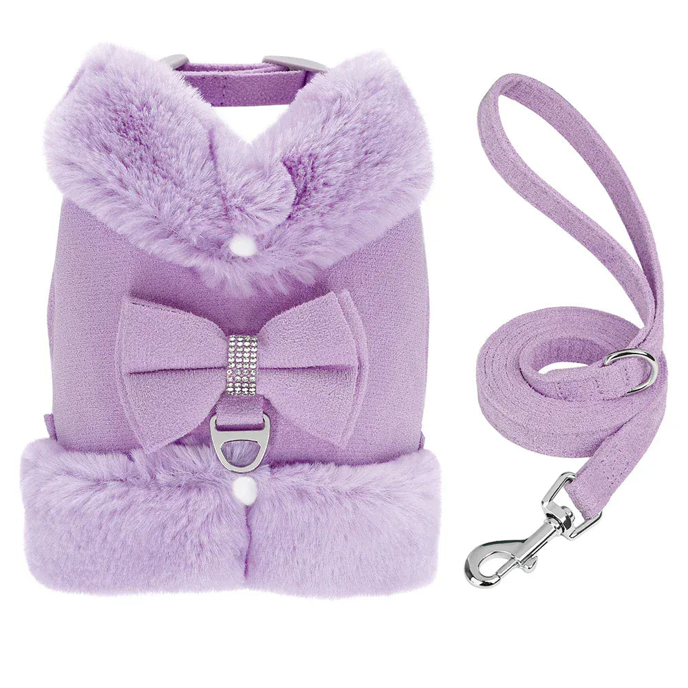 DDPaws  PURPLE / XS（old） Warm Fur Puppy Dog Harness Leash Cute Bowknot Dogs Cat Harnesses Padded Pet Vest With Matching Lead Rope For Dogs Cats Winter