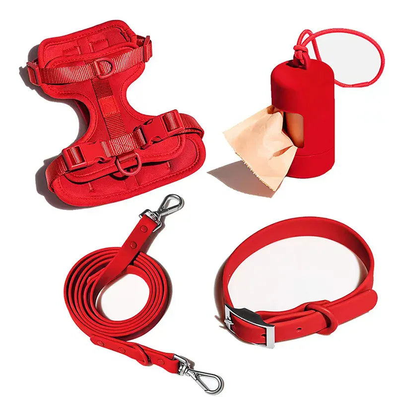DDPaws  Red 4 Pieces / XS 4-Piece Set Dog Harness Dog Leash Dog Collar Adjustable Waterproof Easy To Clean Dog Vest Harness With Dog Poop Bag Holder