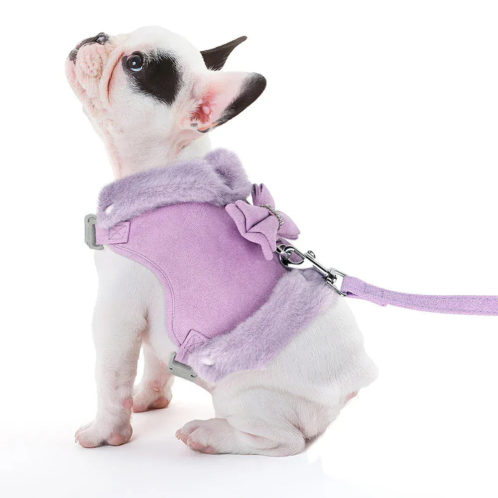 DDPaws  Warm Fur Puppy Dog Harness Leash Cute Bowknot Dogs Cat Harnesses Padded Pet Vest With Matching Lead Rope For Dogs Cats Winter