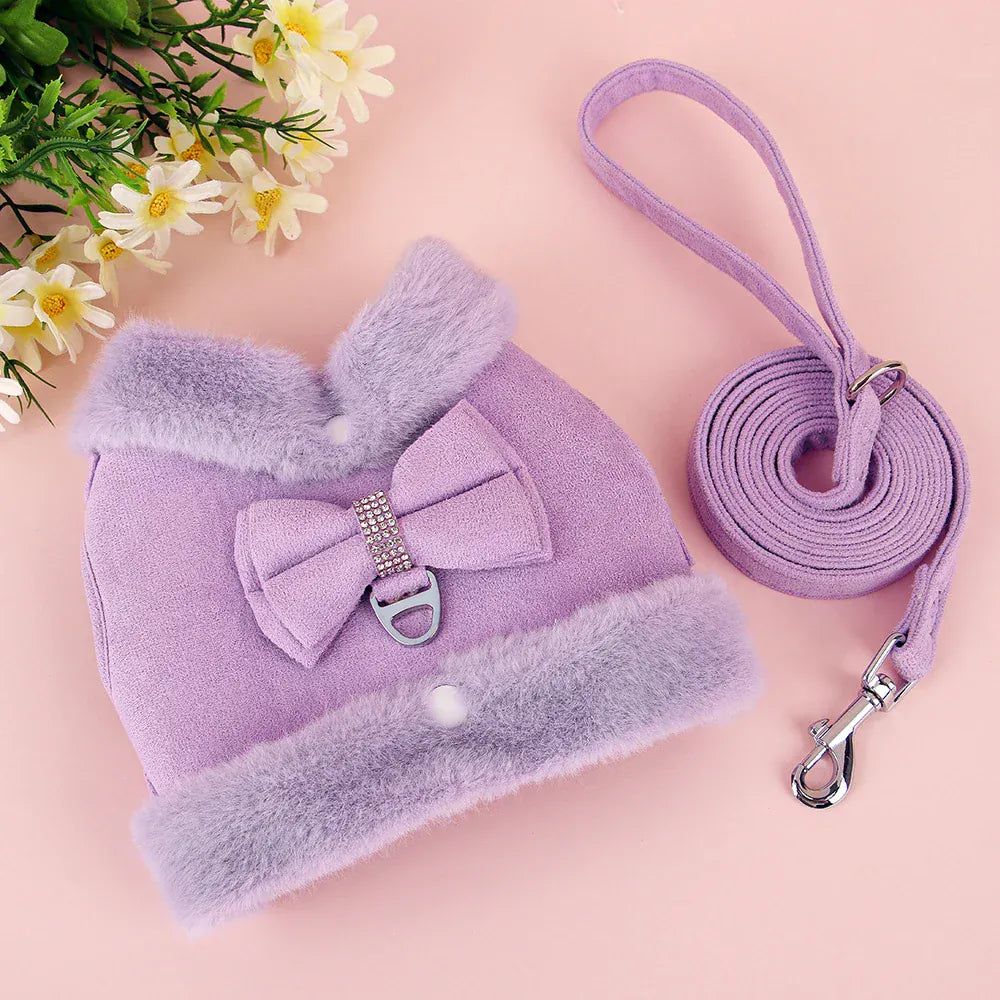 DDPaws  Warm Fur Puppy Dog Harness Leash Cute Bowknot Dogs Cat Harnesses Padded Pet Vest With Matching Lead Rope For Dogs Cats Winter