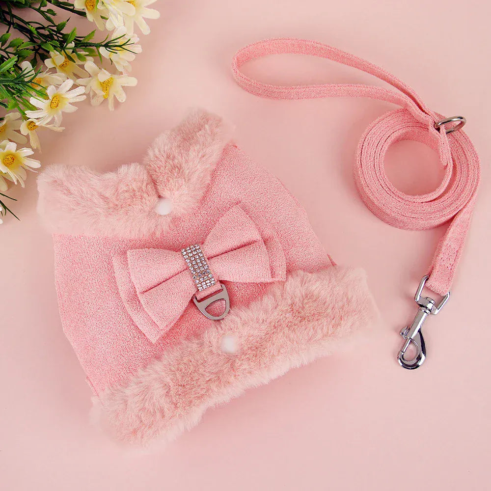 DDPaws  Warm Fur Puppy Dog Harness Leash Cute Bowknot Dogs Cat Harnesses Padded Pet Vest With Matching Lead Rope For Dogs Cats Winter