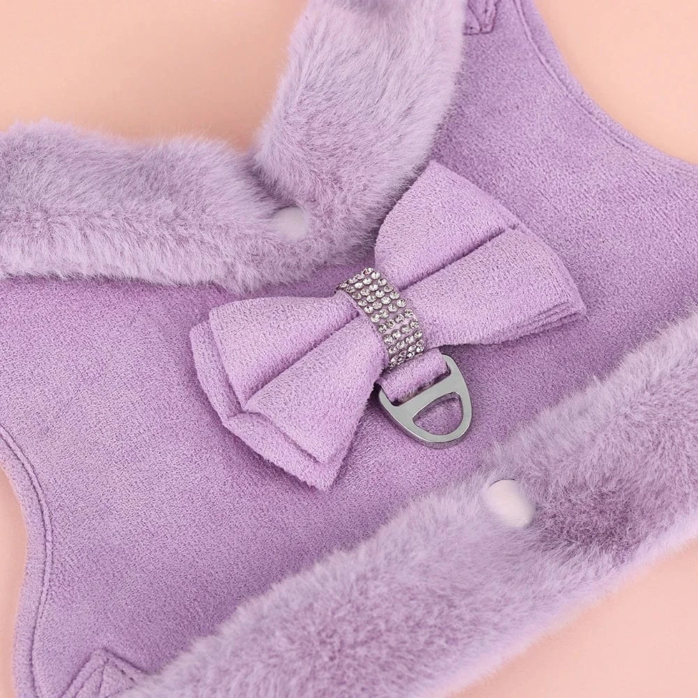 DDPaws  Warm Fur Puppy Dog Harness Leash Cute Bowknot Dogs Cat Harnesses Padded Pet Vest With Matching Lead Rope For Dogs Cats Winter