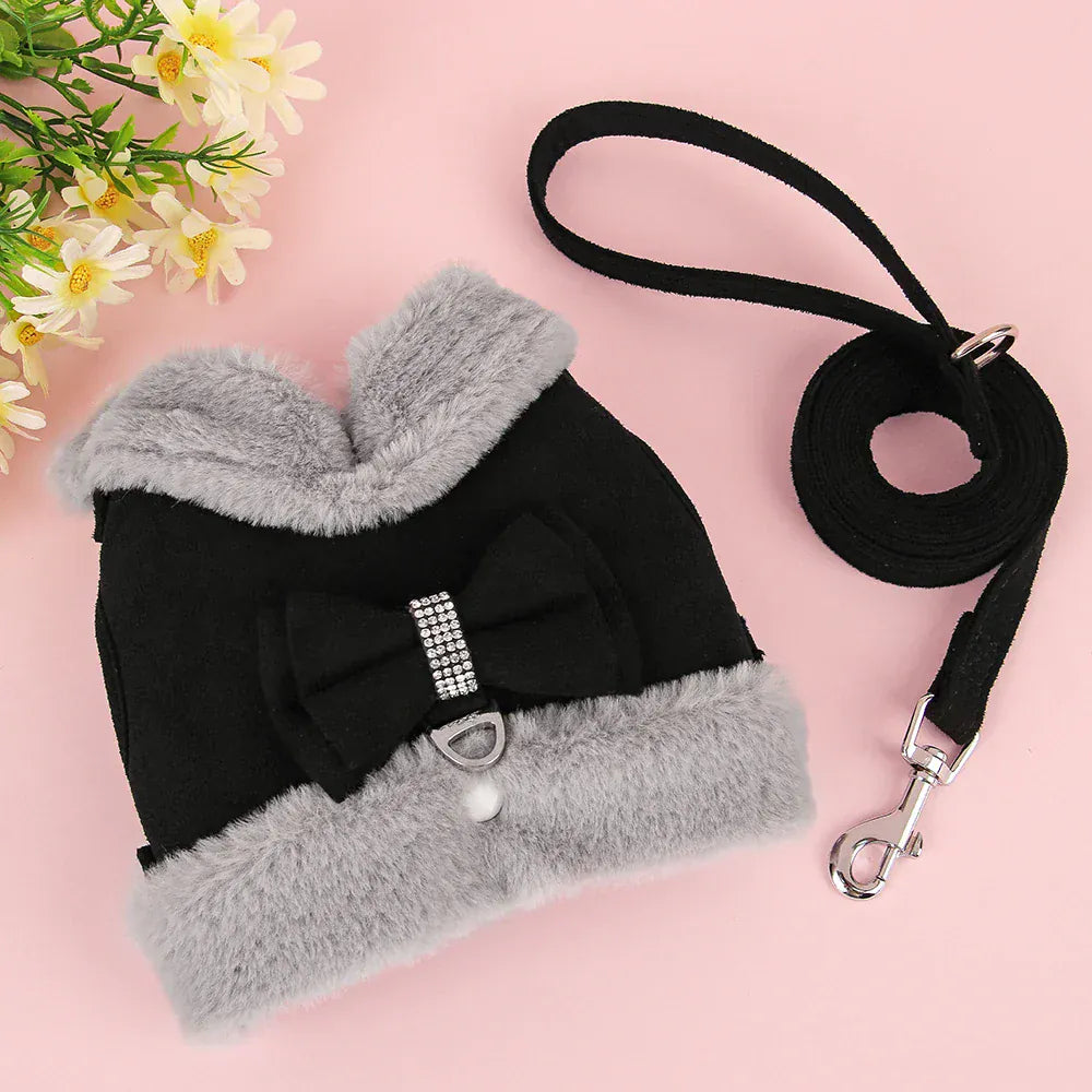 DDPaws  Warm Fur Puppy Dog Harness Leash Cute Bowknot Dogs Cat Harnesses Padded Pet Vest With Matching Lead Rope For Dogs Cats Winter