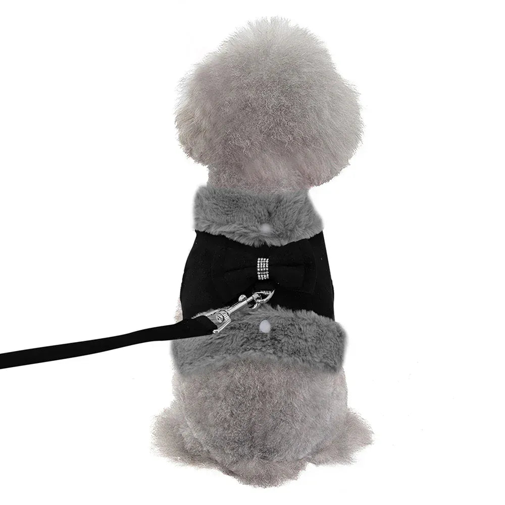 DDPaws  Warm Fur Puppy Dog Harness Leash Cute Bowknot Dogs Cat Harnesses Padded Pet Vest With Matching Lead Rope For Dogs Cats Winter