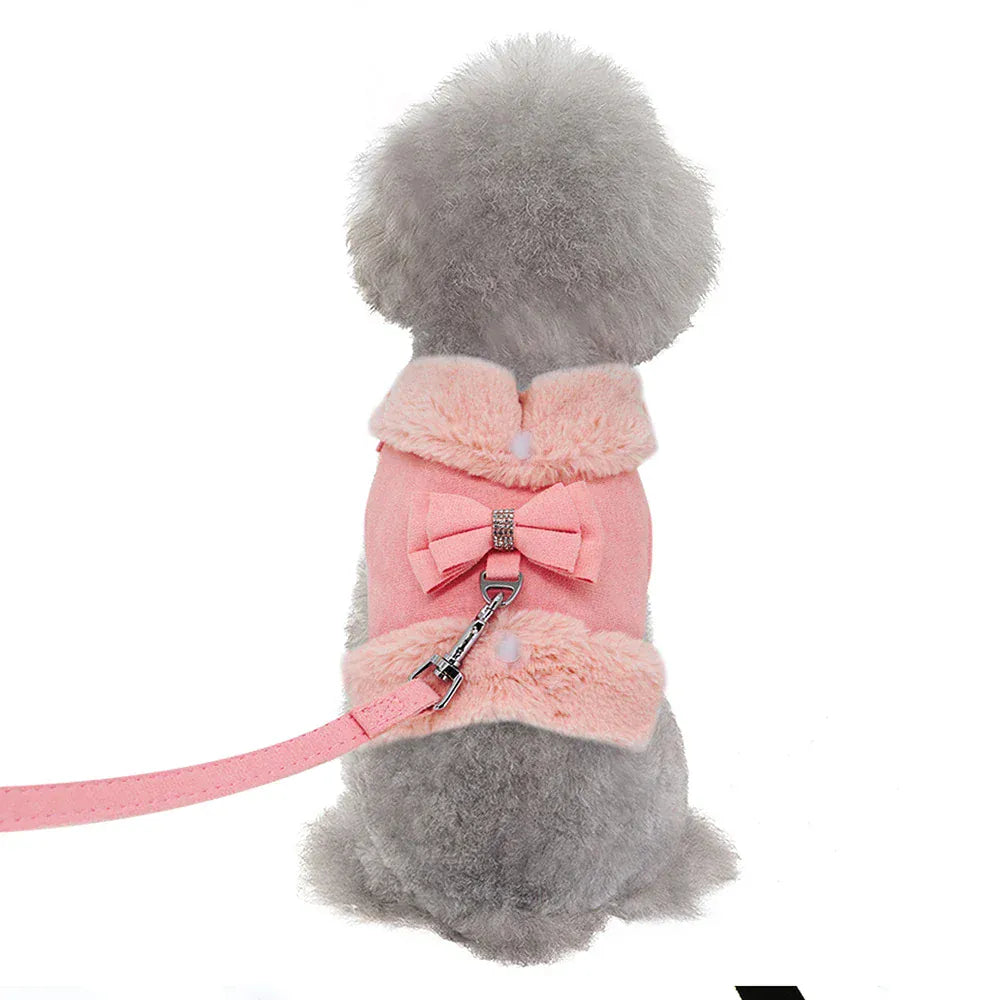 DDPaws  Warm Fur Puppy Dog Harness Leash Cute Bowknot Dogs Cat Harnesses Padded Pet Vest With Matching Lead Rope For Dogs Cats Winter