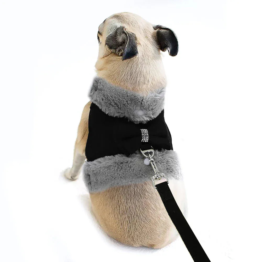 DDPaws  Warm Fur Puppy Dog Harness Leash Cute Bowknot Dogs Cat Harnesses Padded Pet Vest With Matching Lead Rope For Dogs Cats Winter