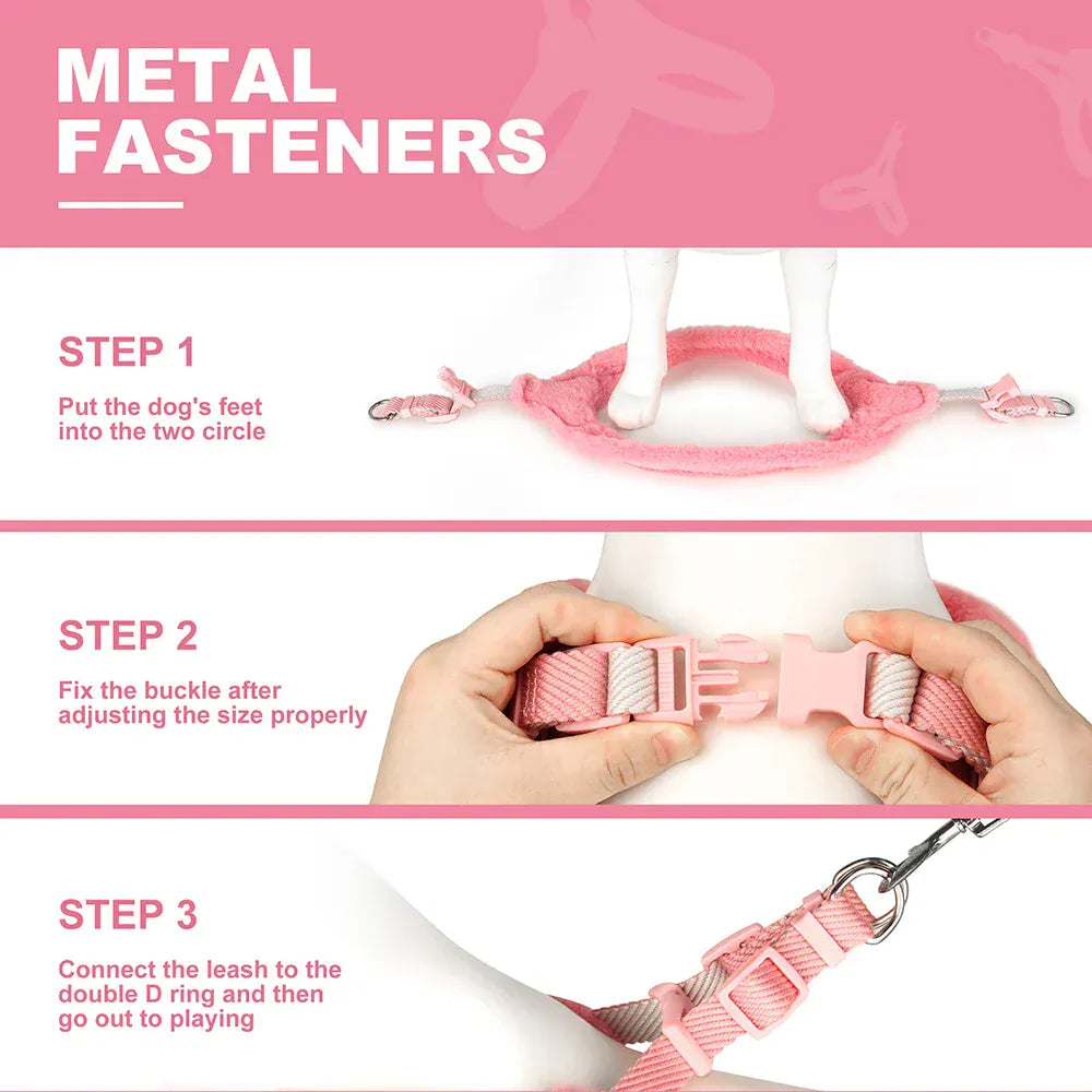 DDPaws  Warm Plush Padded Dog Harness Winter Dog Harnesses Vest Adjustable Pet Vests Soft For Small Medium Large Dogs Bulldog Pug Pink