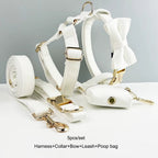 D&D Paws  Collar + Harness + Leash + Bowtie + Poop Bag / XS White Leather Set