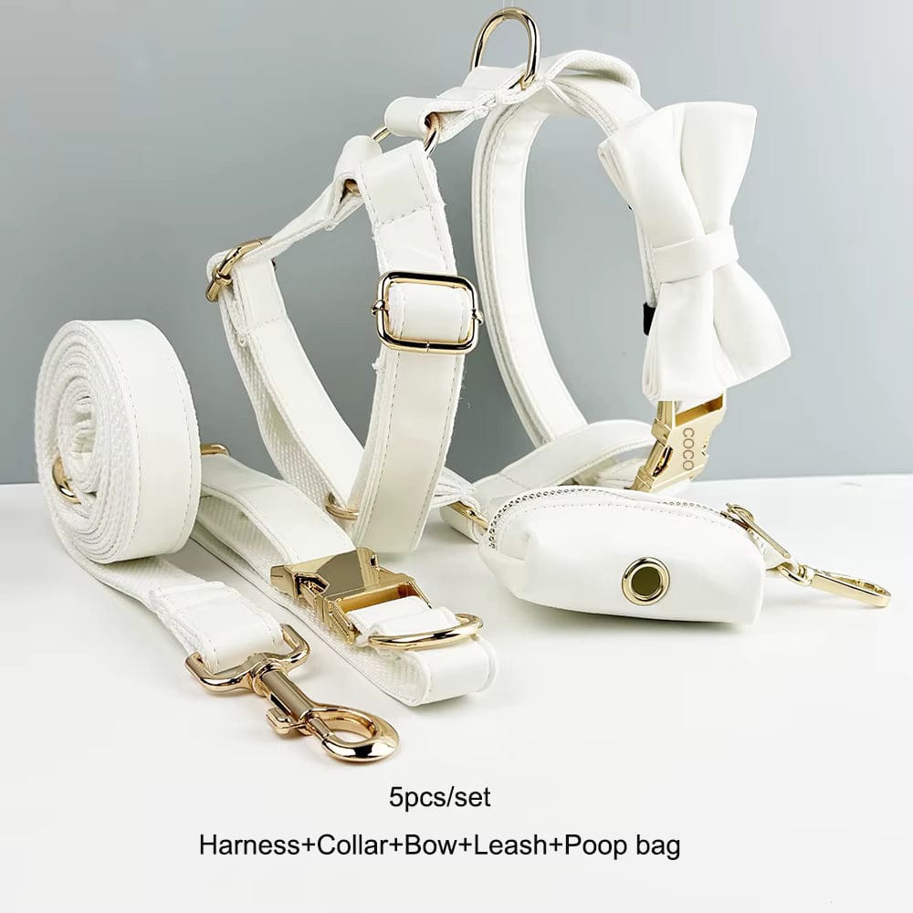 D&D Paws  Collar + Harness + Leash + Bowtie + Poop Bag / XS White Leather Set