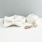 D&D Paws  Collar + Leash + Bowtie / XS White Leather Set
