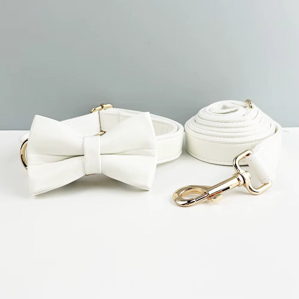 D&D Paws  Collar + Leash + Bowtie / XS White Leather Set