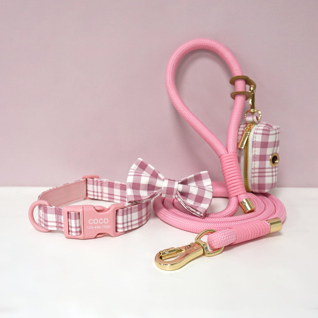 Personalized Light Weight Dog Collar Bowtie Leash Poop Bag Set
