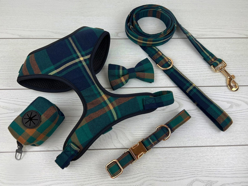 D&D Paws Collar + Harness + Leash + Bowtie + Poop Bag / XS Designed Plaid Dog Vest Set [Made-to-Order]