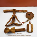 D&D Paws  Collar + Harness + Leash + Bowtie + Poop Bag / XS Light Coffee Velvet Set