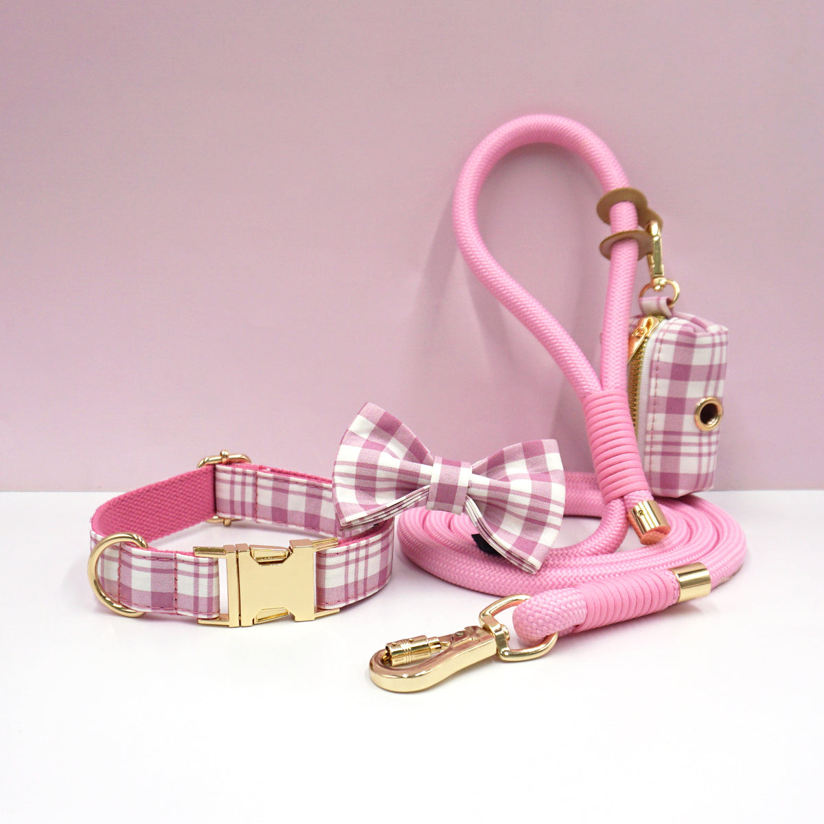 Personalized Plaid Dog Walking Set – Custom Dog Collar Leash Bowtie & Poop Bag Holder, Engraved Name Pet Gift