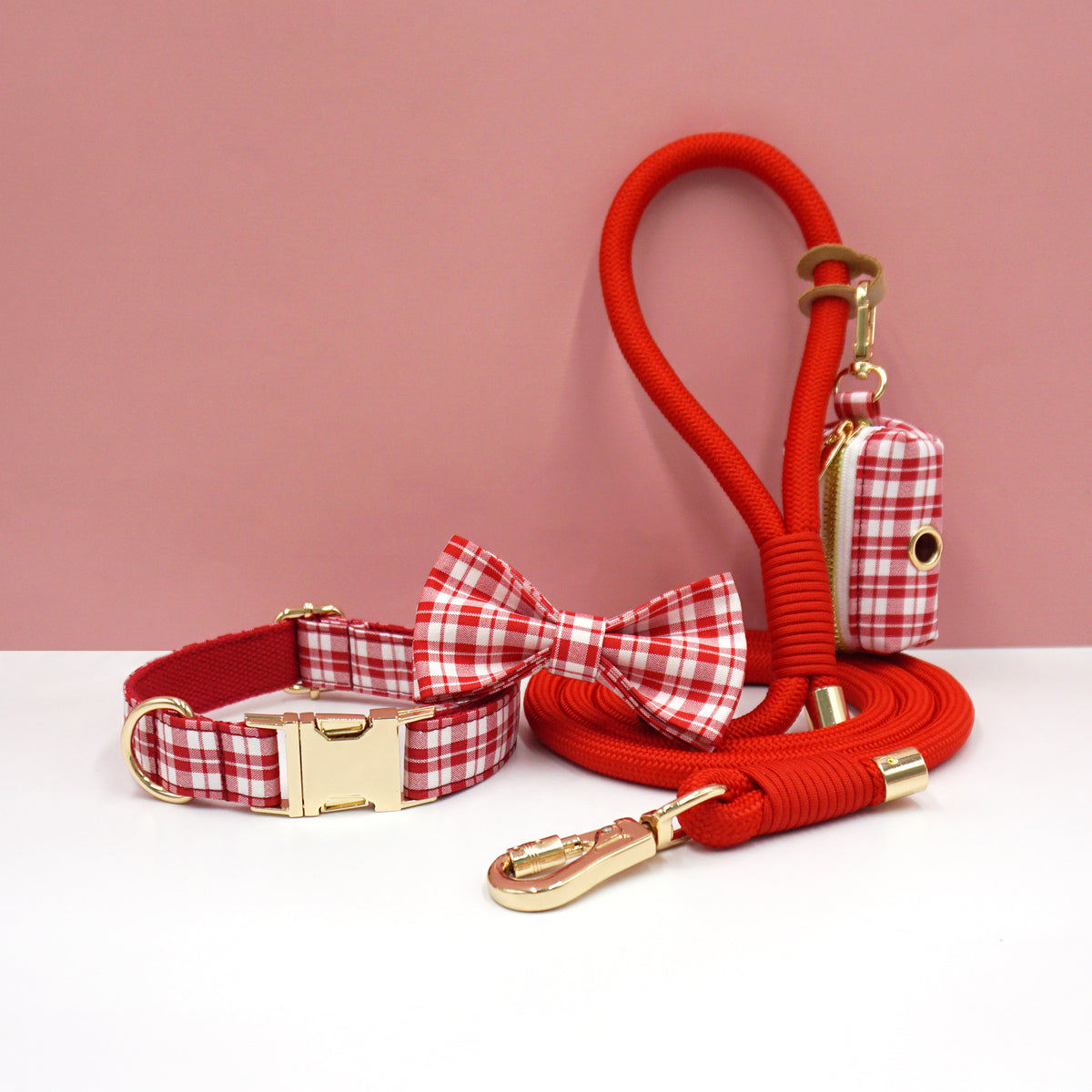 Personalized Plaid Dog Walking Set – Custom Dog Collar Leash Bowtie & Poop Bag Holder, Engraved Name Pet Gift