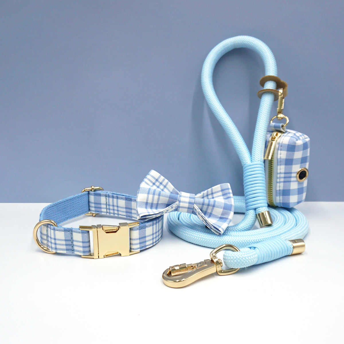 Personalized Plaid Dog Walking Set – Custom Dog Collar Leash Bowtie & Poop Bag Holder, Engraved Name Pet Gift